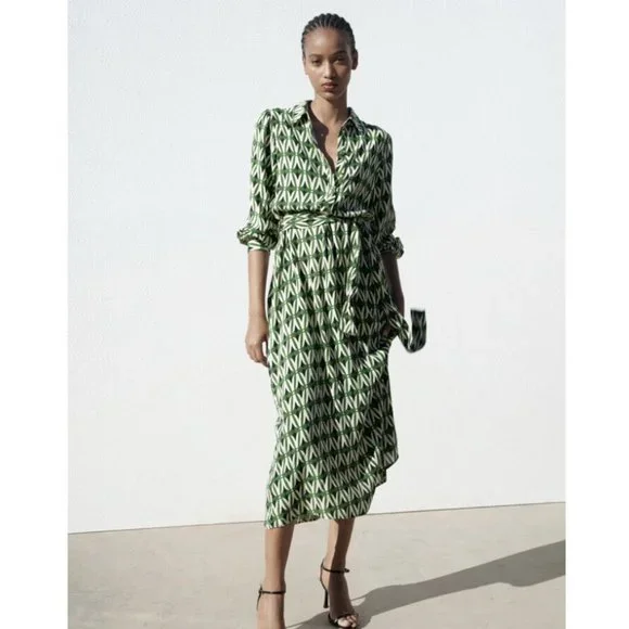 Zara Dresses Zara Green Geometric Print Shirt Midi Dress With
